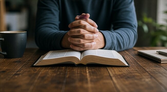 Close-up of clasped hands praying over an open Bible during quiet morning devotions on a rustic wooden table with a coffee mug