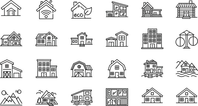House And Architecture Line Icon Set With Eco Homes Cabins Apartments Barns And Minimal Residential Buildings Vector Illustration