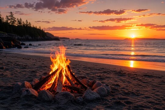 Serene beach campfire crackling in a stone ring against a breathtaking golden ocean sunset and silhouetted pine forest coastline