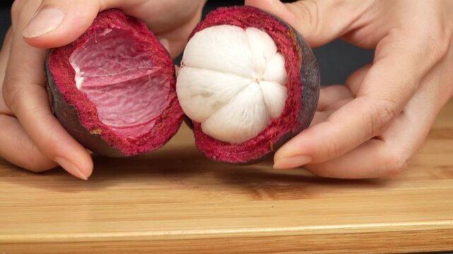 Macro shot of female hands split open fresh organic mangosteen fruit into two halves.