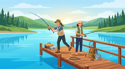 Naklejka premium Two young women fishing from a wooden log over a calm river vector illustration – outdoor adventure travel, lakeside camping branding, and friendship concept.