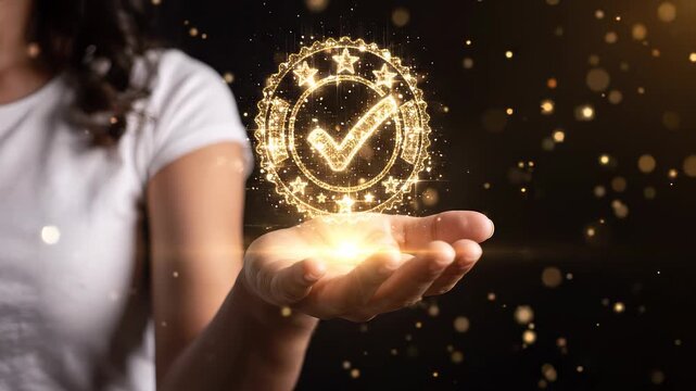 Woman's hand holding a glowing golden quality check mark icon with sparkling light effects on dark background, concept for quality assurance, service satisfaction and standard certification