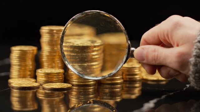 Close up of a human hand holding a magnifying glass inspecting stacks of gold coins on dark marble surface, concept for financial audit, investment analysis and wealth management