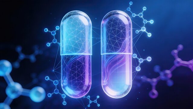 Wireframe transparent capsule with DNA molecular for targeted drug and biomedical research design