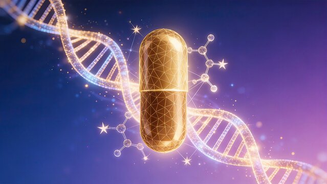 Wireframe transparent capsule with DNA molecular for targeted drug and biomedical research design