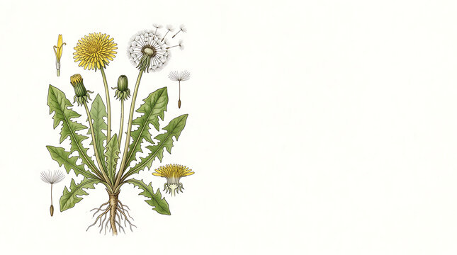 Dandelion plant showing flower seed head and root system
