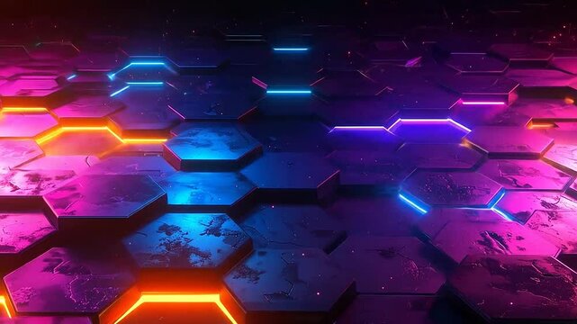A dark metallic surface features glowing hexagonal shapes in vibrant neon colors