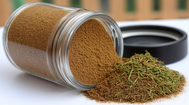 A small glass jar spilling brown granulated spices and herbs on a white table with seasoning
