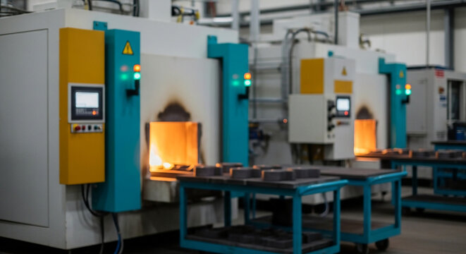 Abstract Blurred Industrial Background of Modern Factory Interior with High Temperature Furnaces and Automated Metal Processing Machinery.