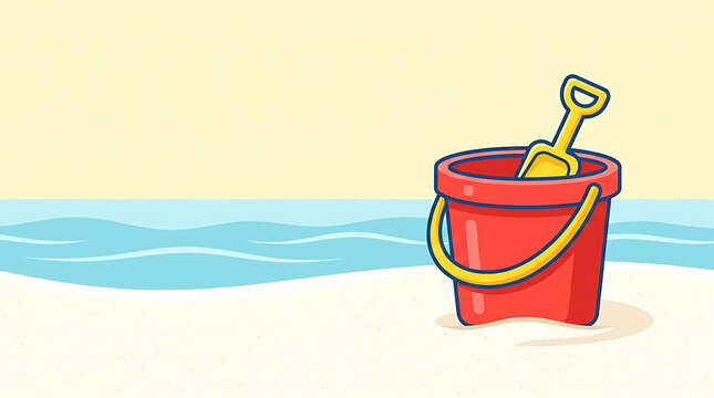Red bucket and yellow shovel on a sunny beach by the sea