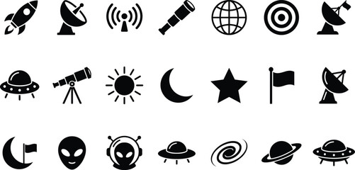 Black Space and Astronomy Icon Set Featuring Rockets, Telescopes, Satellites, Planets, Stars, and Alien Symbols in Flat Design © MstMunmun