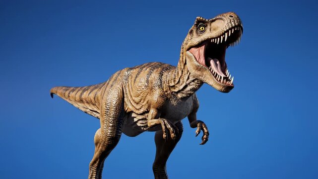 Ferocious Tyrannosaurus Rex Roaring Realistic 3D T-Rex with open jaws against a clear blue sky ideal for educational documentaries and cinematic visual effects.