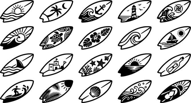 Surfboard designs vector icons set - beach, ocean symbols for summer vibes
