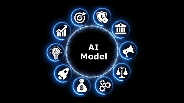 Artificial intelligence model network concept with circular icons.