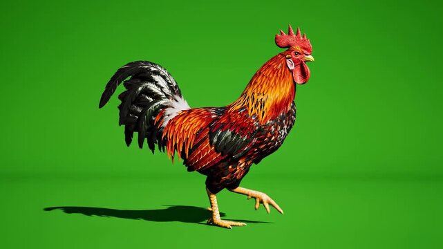 Majestic Rooster Walking with vibrant red and black feathers on a solid green screen background ideal for farm-themed video editing and perfect for educational nature content.