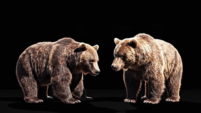 Powerful Grizzly Bears Interaction featuring two large brown bears touching paws against a black background, ideal for wildlife documentaries and cinematic animal storytelling.