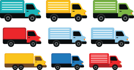 Colorful truck illustration set featuring delivery and cargo vehicles for logistics, transportation, and industrial design concepts © MstMunmun