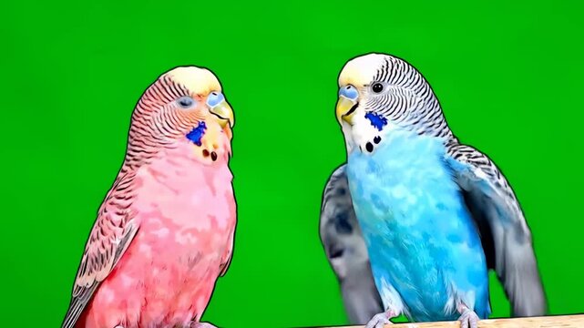 Colorful Budgerigar Pair sitting on a branch against a green screen background ideal for pet care educational videos and creative compositing projects.