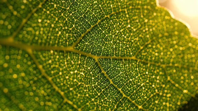 Macro shot of green leaf texture showing intricate veins and golden bokeh light, concept for biological research, environmental conservation and herbal wellness