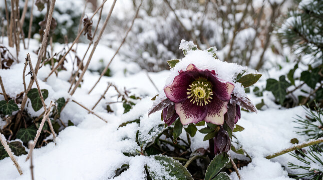 Closeup of a vibrant hellebore flower blooming amidst winter snow.