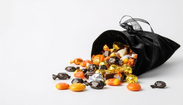 A black drawstring bag has spilled a colorful assortment of individually wrapped candies onto a clean white surface, suggesting a festive treat collection.