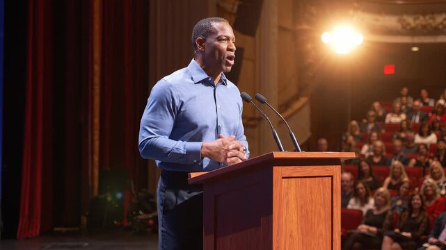 Mature Black businessman speaking at wooden lectern in front of an audience in a theater auditorium hall, concept for professional seminar, corporate event and motivational keynote speech