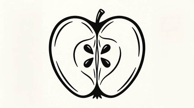 A striking, bold graphic representation of an apple's cross-section showcases its internal structure with prominent seeds and a segmented pulp, rendered in a clear, defined line art style