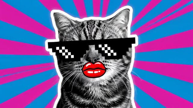 Cool Cat Meme with pixelated sunglasses on a vibrant pink and blue radial sunburst background ideal for social media marketing and viral video content.