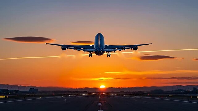A large passenger airplane takes off from the runway during a vibrant golden sunset