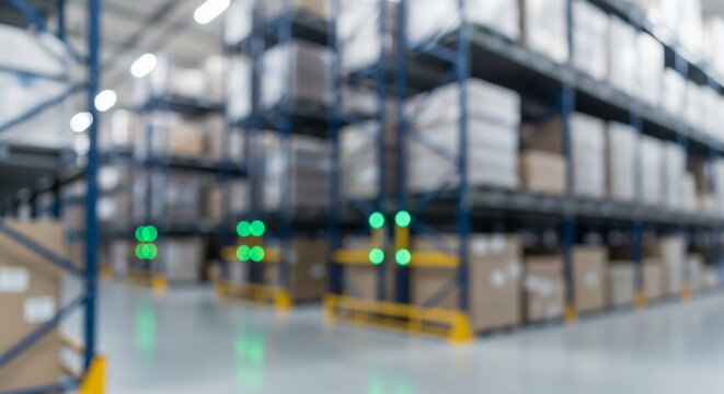 Abstract blurred warehouse interior with industrial metal shelving racks and cardboard boxes in a distribution logistics center background.