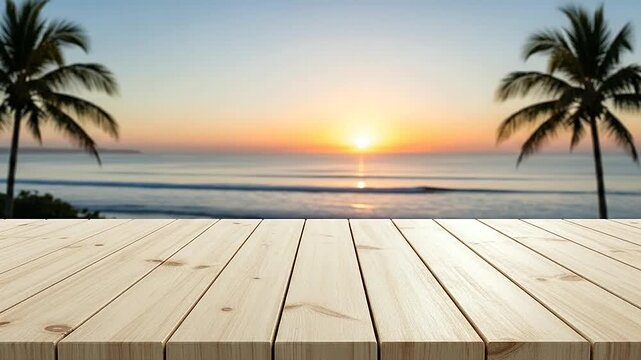 A wooden table surface overlooking a tropical beach at sunset