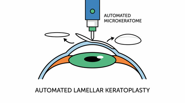 Medical illustration of Automated Lamellar Keratoplasty (ALK) eye surgery procedure using a microkeratome to reshape the cornea. Educational diagram for ophthalmology and vision correction treatments.