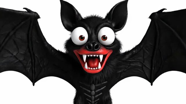 Funny Cartoon Bat Character with wide wings and fangs isolated on white background ideal for Halloween promotions and children's spooky animations.