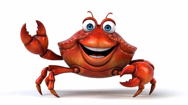 Cheerful Cartoon Crab Character 3D rendered red crab with big blue eyes and a friendly smile isolated on white background ideal for children's educational content and seafood restaurant branding.