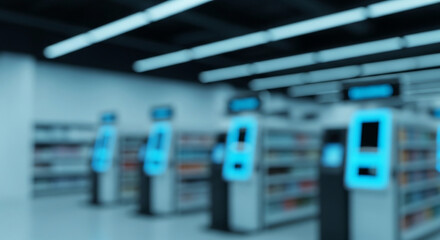 Fototapeta premium Blurred background of a futuristic library or retail store with blue digital kiosks and glowing screens for corporate technology concepts.