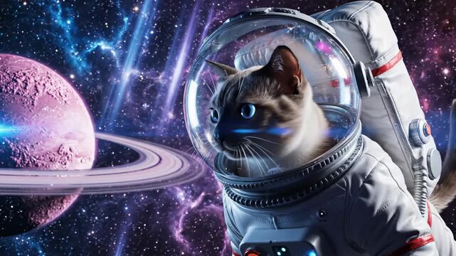 Majestic Space Explorer Siamese cat in a detailed astronaut suit floating in deep space near a ringed planet ideal for sci-fi storytelling and creative marketing campaigns.