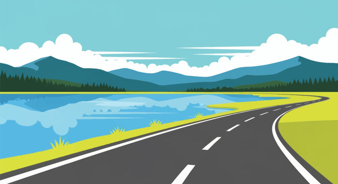 Flat vector landscape illustration featuring a winding asphalt road bordering a calm blue lake with a backdrop of green mountains, evergreen pine forests, and white clouds in a clear sky.