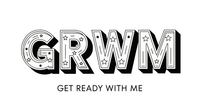 GRWM Get Ready With Me 3D lettering design with star patterns and drop shadow. Black and white typography for social media content creators, beauty vloggers, and fashion influencers.