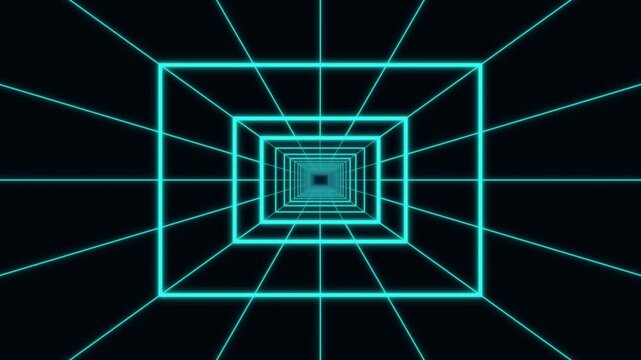 Neon cyan wireframe grid tunnel in retro futuristic sci-fi style
