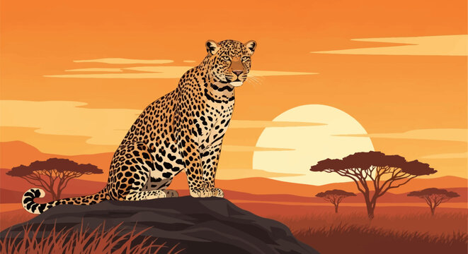 Vector illustration of a spotted leopard sitting on a dark rock in the African savanna at sunset, featuring silhouettes of acacia trees, a large sun, and an orange sky landscape.