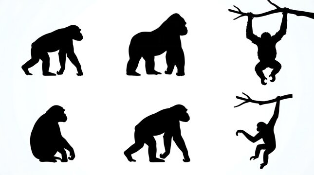 Diverse primate silhouettes showcase different species and actions, including a standing gorilla, a crouching ape, and primates swinging from branches, offering a dynamic visual representation