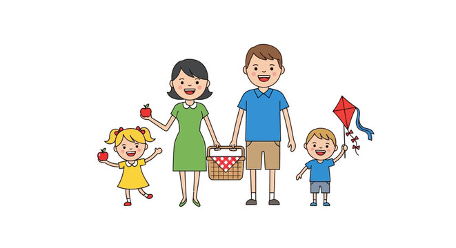 Happy Family Having a Picnic Cartoon Illustration