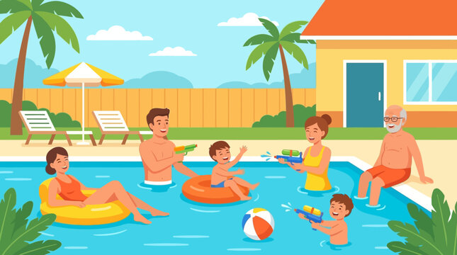 Happy Family Having Fun in Swimming Pool Summer Vacation