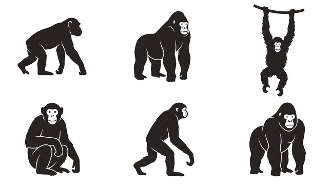 Collection of dynamic primate poses featuring chimpanzees and gorillas engaged in various arboreal and terrestrial activities, showcasing their natural movements and postures for diverse design