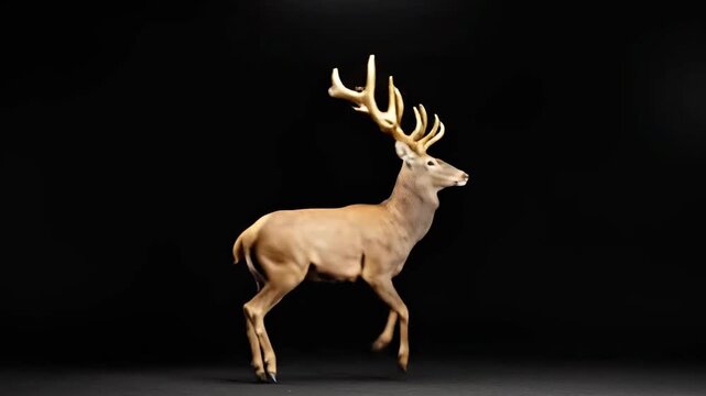 Majestic Golden Antlered Deer walking gracefully against a dark studio background ideal for luxury branding, fantasy storytelling, and high-end nature documentaries.