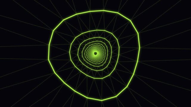 Abstract neon green wireframe tunnel on black background