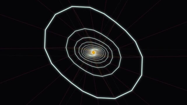 Glowing geometric tunnel of white rings receding to an orange light