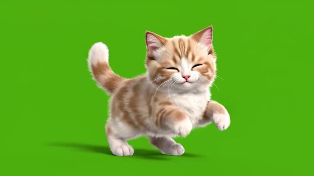 Adorable Ginger Kitten Walking, fluffy orange tabby kitten walking on a green screen background, ideal for pet-related content and creative video editing.