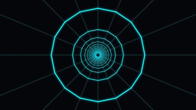 Flying through a futuristic glowing blue wireframe tunnel