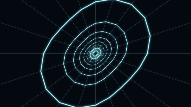 Futuristic neon blue wireframe tunnel flying into a dark void